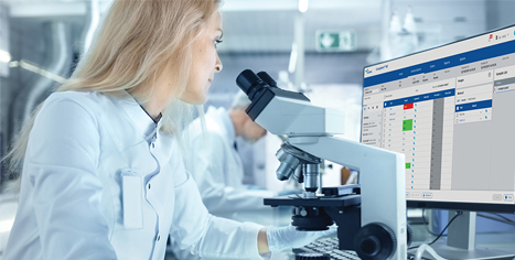CaresphereWS_LabTechMonitor_467x236_V1 Lab tech analyzing data on monitor
